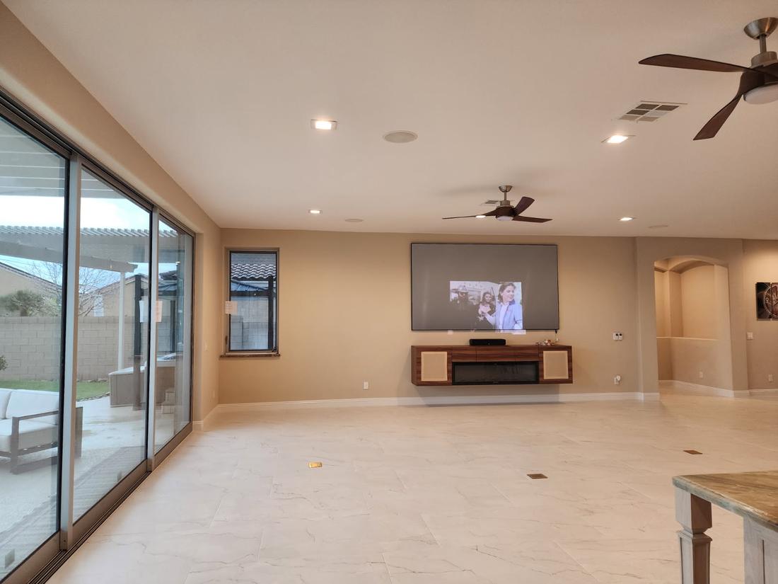 Large-format tile floor in a great room