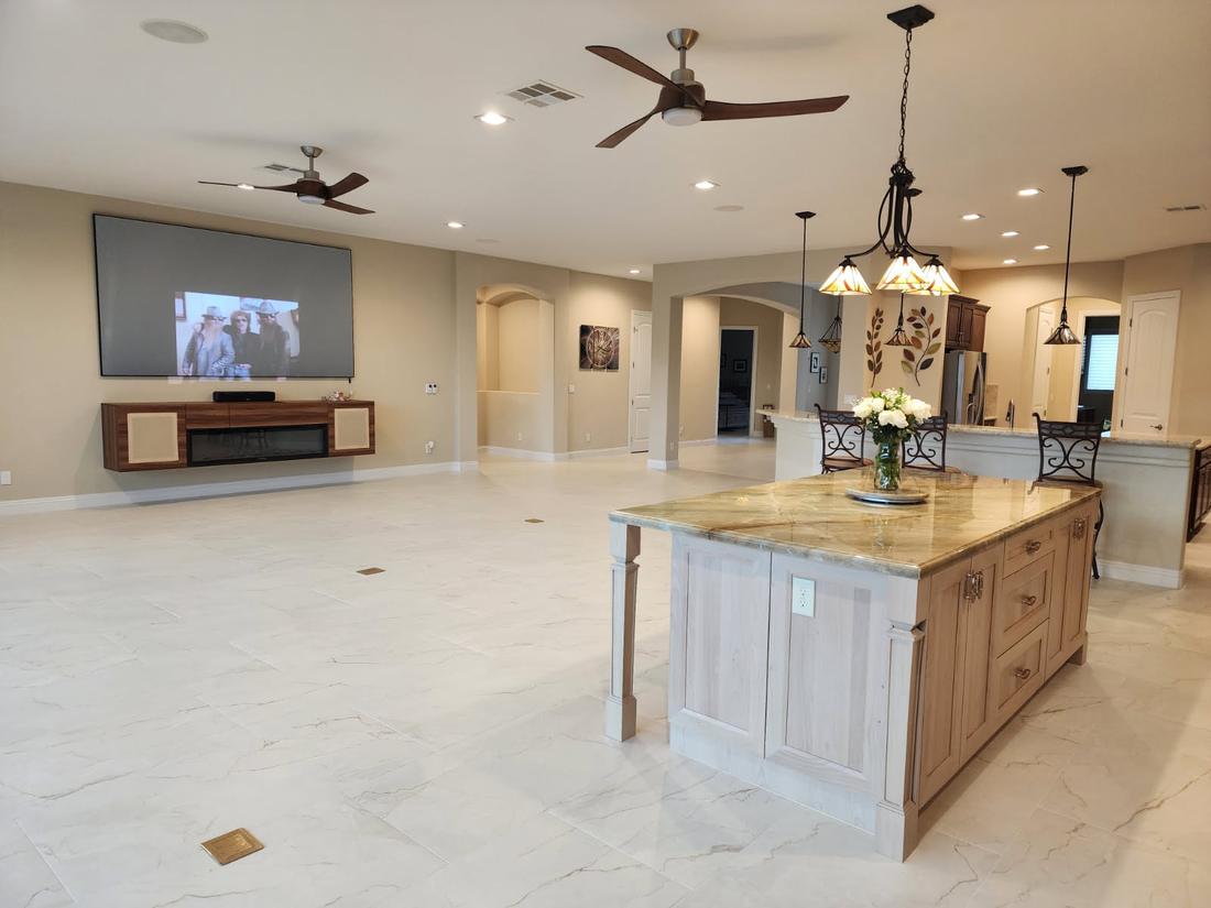 Tile floor around a kitchen island
